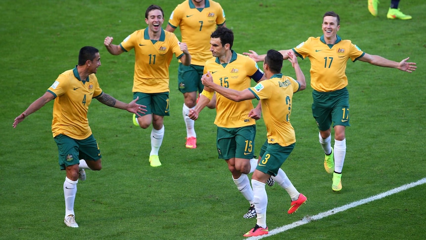 Australia's Mile Jedinak celebrates after scoring a penalty against the Netherlands.
