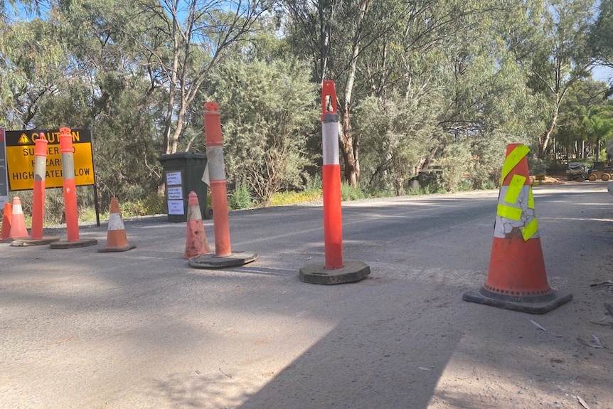 A series of traffic cones line a road with a caution sign in the background. 