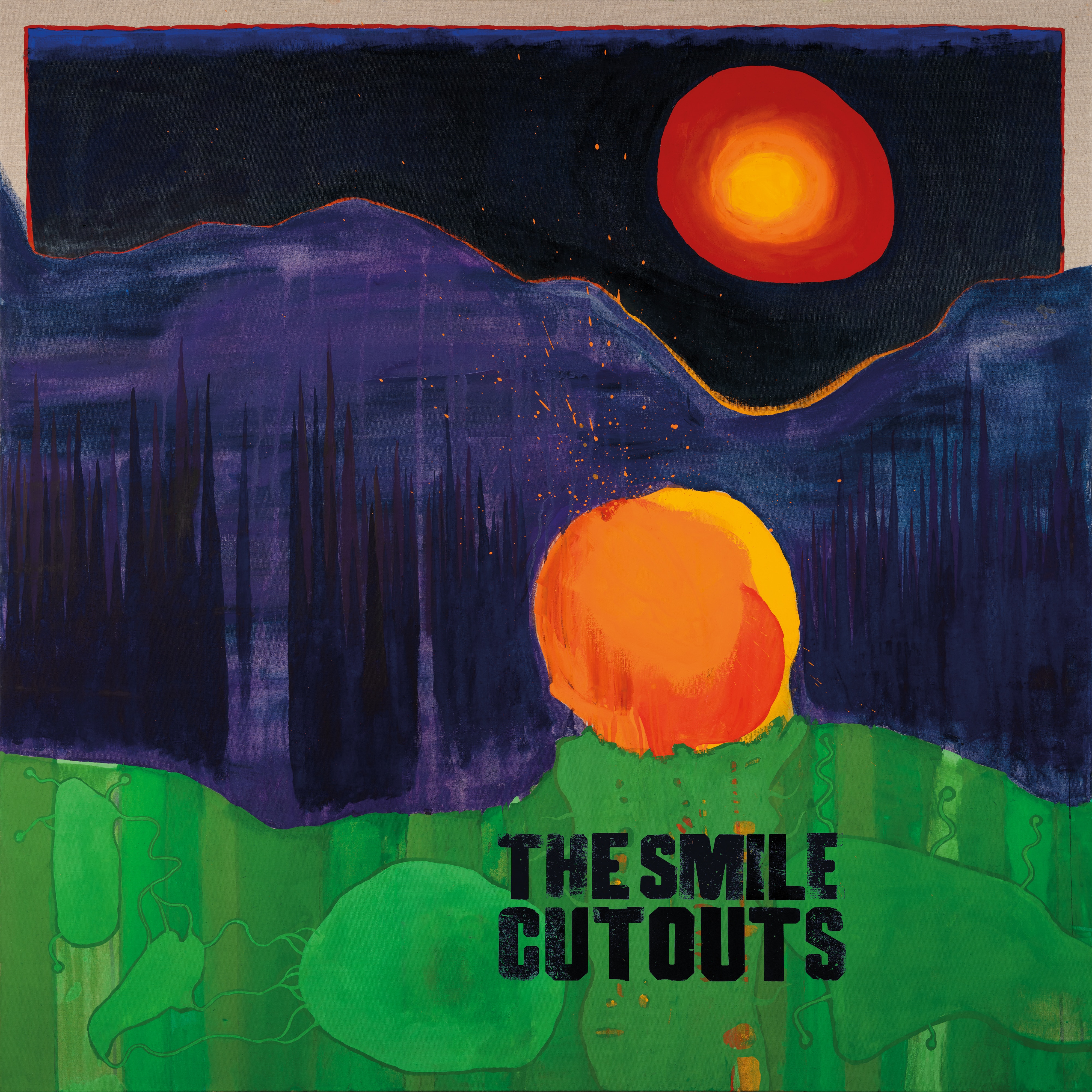 Gouache painting of orange suns rising out of black, blue and green hills. Text reads: The Smile - Cutouts