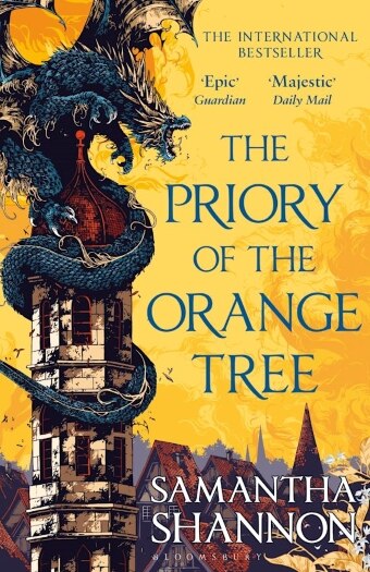 The book cover of The Priory of the Orange Tree by Samantha Shannon, a dragon winding around a tower