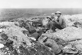 Meal time at a machine gun post of the 5th Australian Machine Gun Battalion on Hill 104, Villers-Bretonneux, France, 26 April 1918