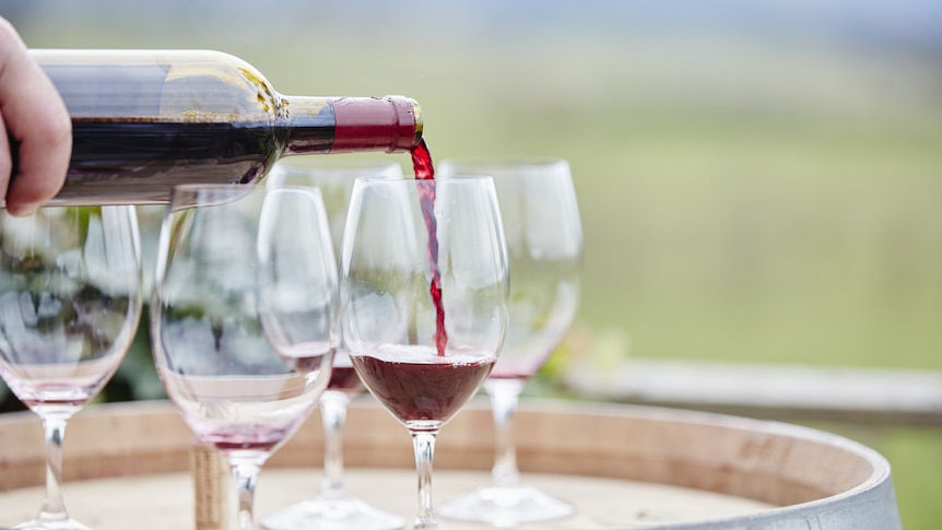 Red wine being poured into several glasses, on top of a wine barrel