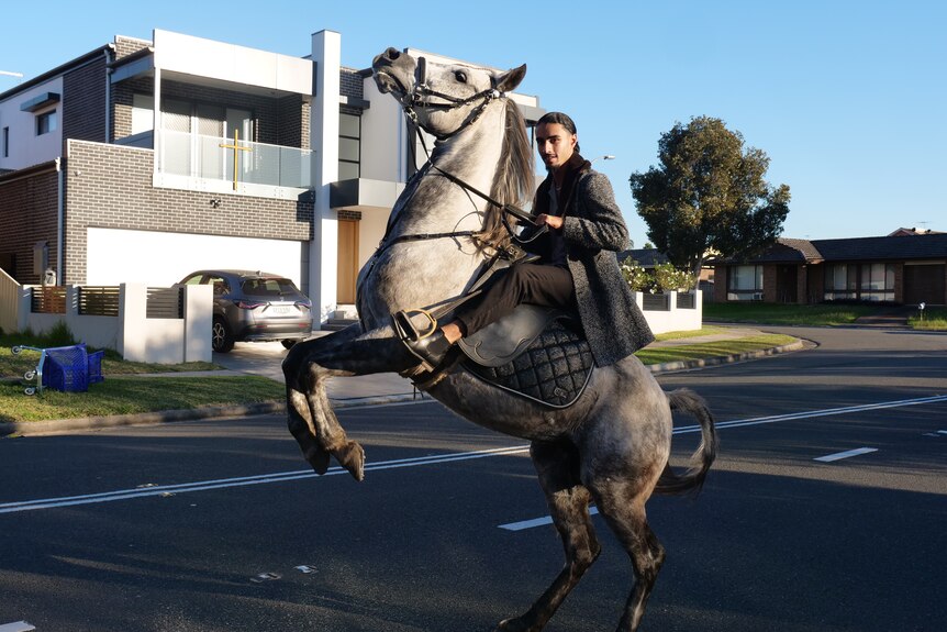 a young man riding a horse bucking up in a suburban street