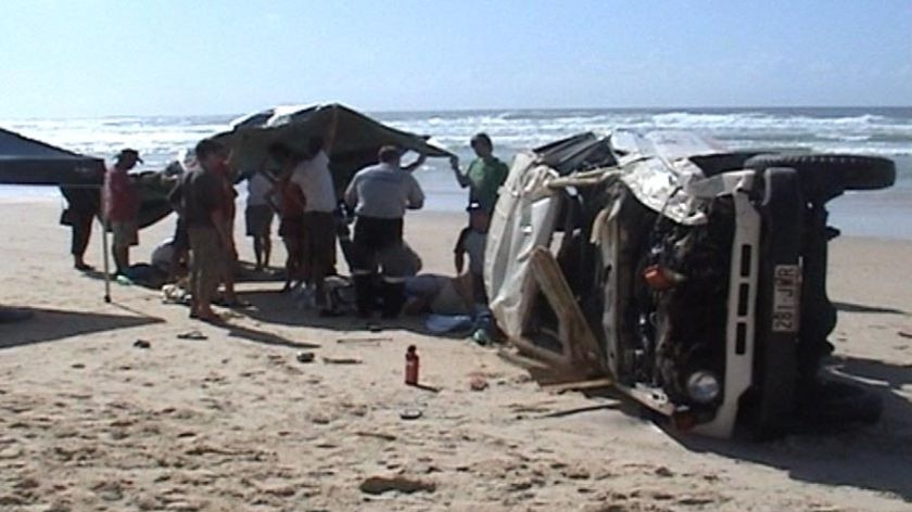 Wreckage of rolled 4WD vehicle on a Fraser Island beach where two tourists were killed in April 2009.