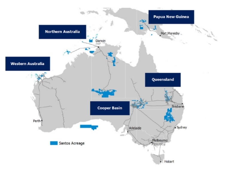 A map of Australia with Santos' gas assests highlighted.