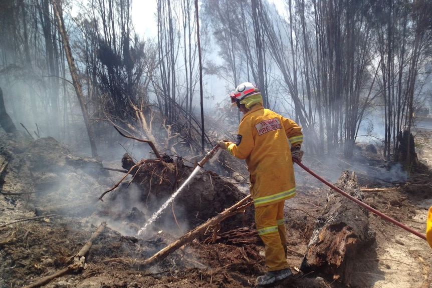 Tasmanian firefighter douses flames in the state's north-west.