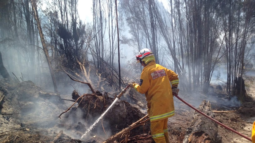 Tasmanian firefighter douses flames in the state's north-west.