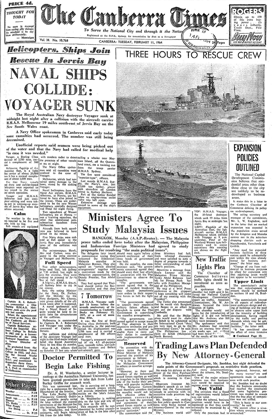 A newspaper clipping that reads NAVAL SHIPS COLLIDE: VOYAGER SUNK