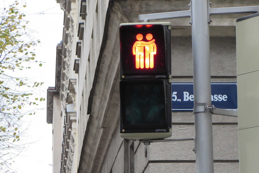 A same-sex couple on a pedestrian crossing in Vienna, Austria in 2015 to coincide with Eurovision.