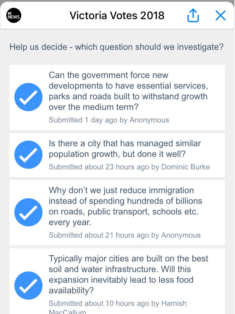 Questions asking about essential services, immigration and population growth.