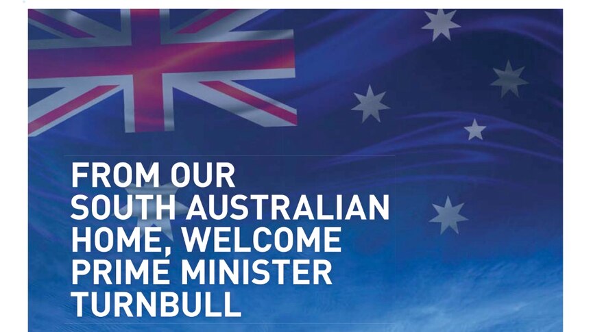 A full page newspaper advertisement welcoming Prime Minister Malcolm Turnbull to South Australia