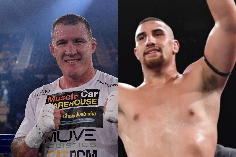 Composite photo with one boxer smiling with his fists clenched, the other raising his arms in triumph after a bout.