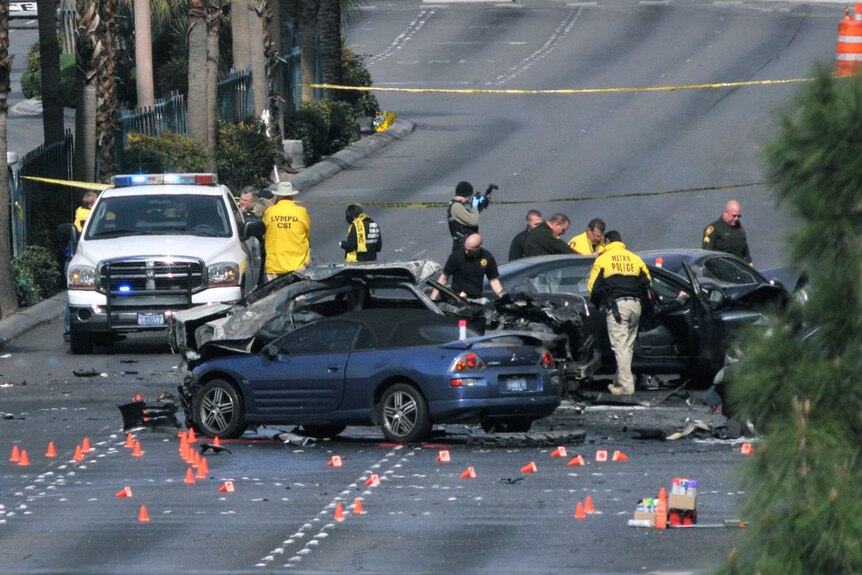 Wreckage of cars following drive-by shooting in Las Vegas