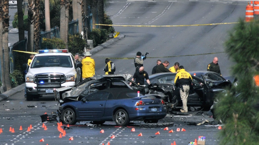 Wreckage of cars following drive-by shooting in Las Vegas