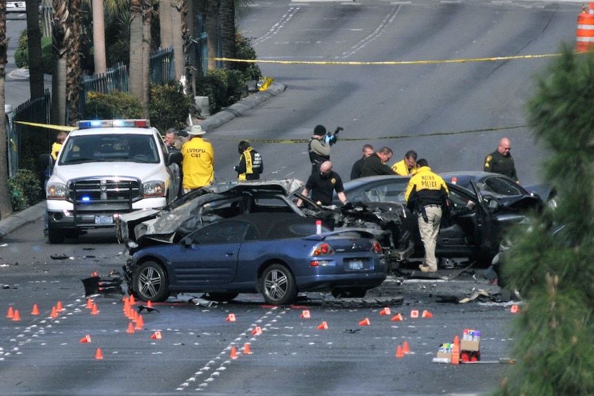 Wreckage of cars following drive-by shooting in Las Vegas