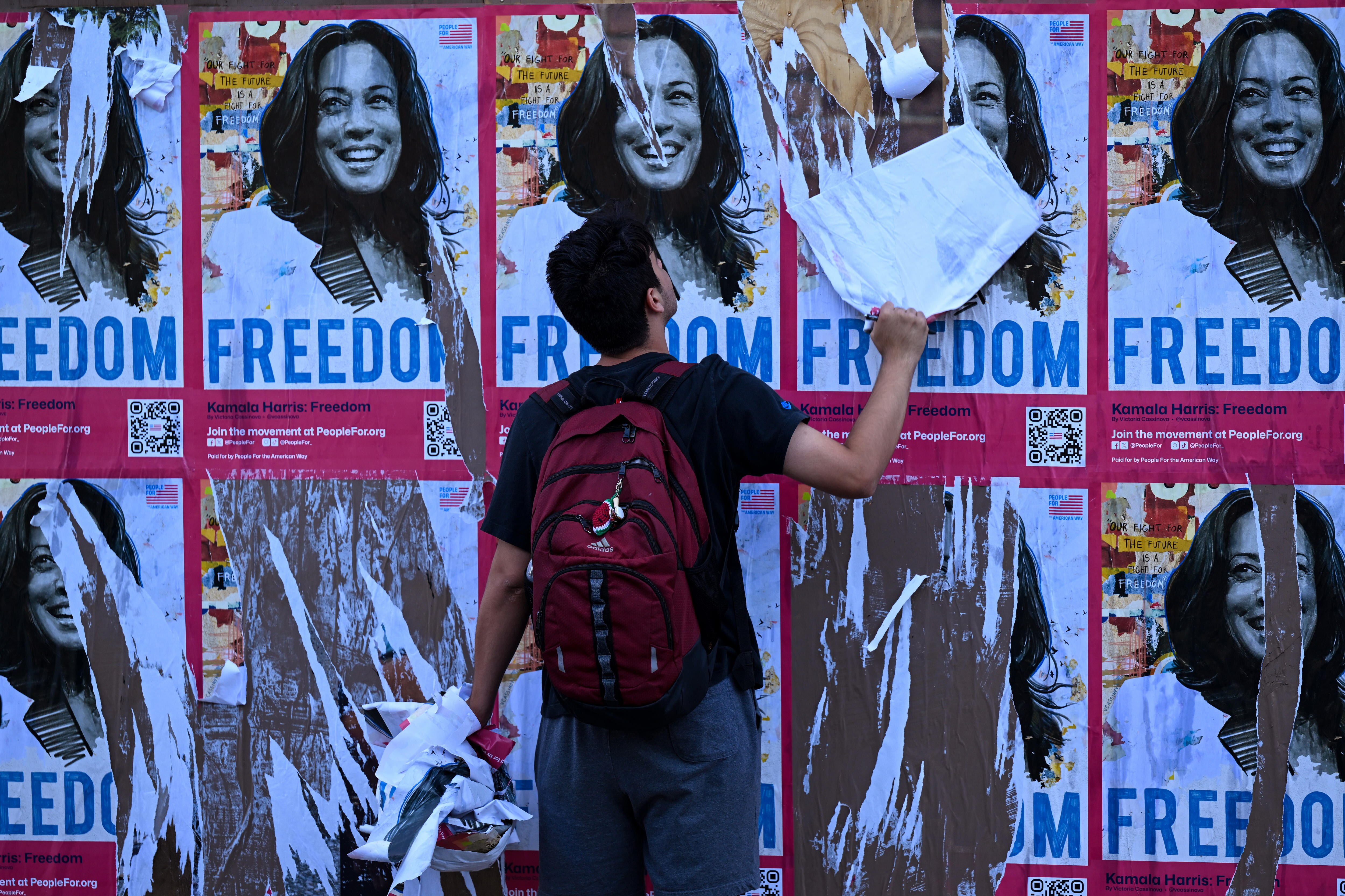 back of a man ripping off freedom posters with Kamala Harris portrait