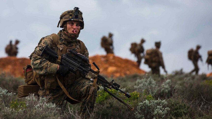 A US Marine on patrol during an exercise at Cultana Training Area, South Australia in  2016.