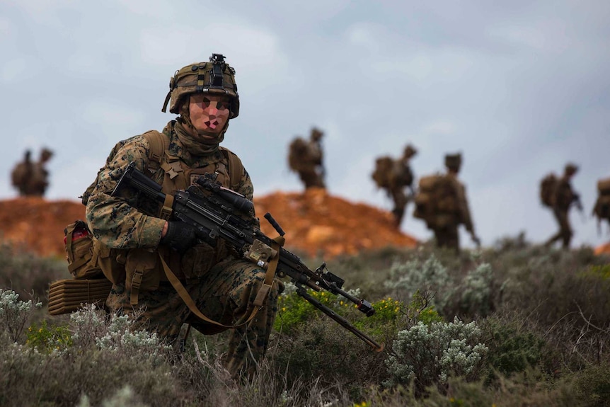 A US Marine on patrol during an exercise at Cultana Training Area, South Australia in  2016.