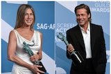 A combination photo of Jennifer Aniston and Brad Pitt holding SAG awards
