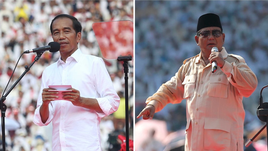 Left, Jokowi holds cards as he speaks into a microphone. Right, Prabowo wears a black hat, sunglasses, and points as he speaks.
