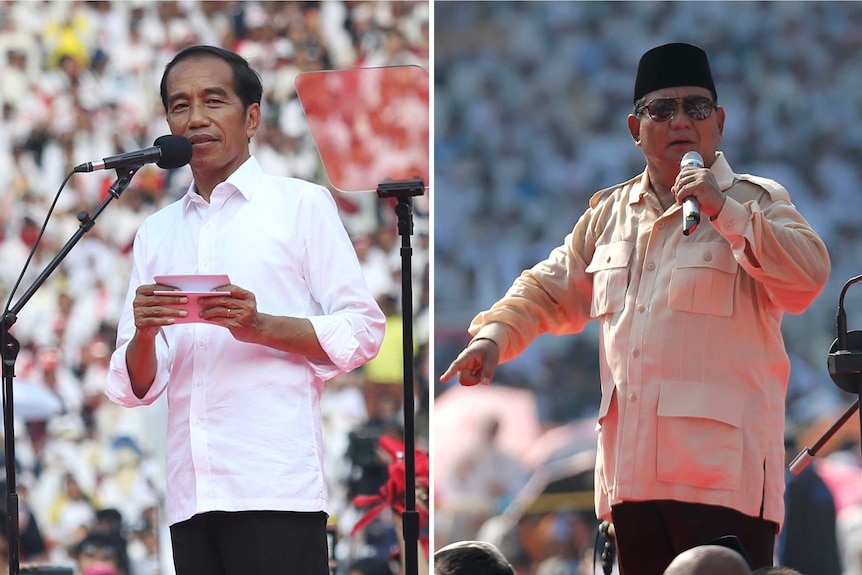 Left, Jokowi holds cards as he speaks into a microphone. Right, Prabowo wears a black hat, sunglasses, and points as he speaks.