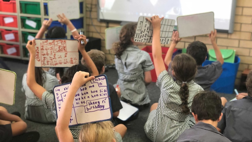 Students hold up small whiteboards with Chinese words written on them.