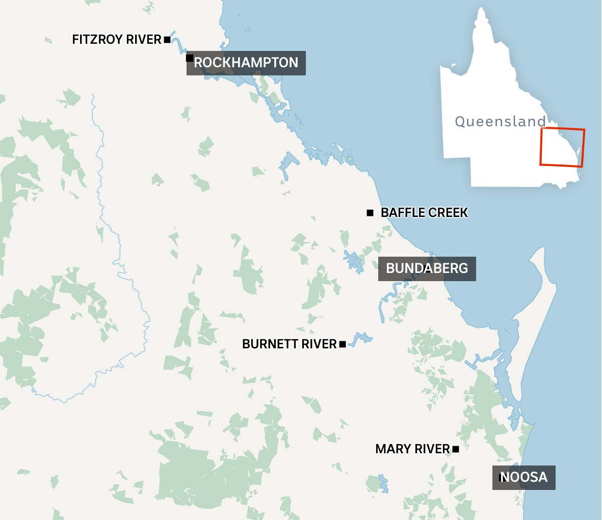 A map showing the relative positions of the Fitzroy, Burnett and Mary Rivers compared to Baffle Creek. 