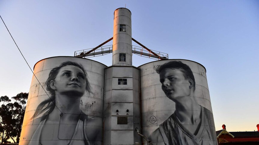 The silos at Rupanyup in Victoria as the sun sets.