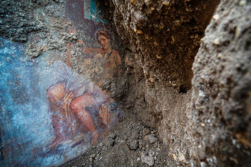 A fresco of Leda and the swan, which is slowly being uncovered.