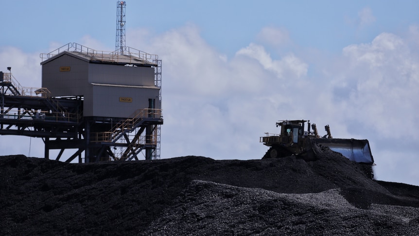 A truck on top of a pile of coal