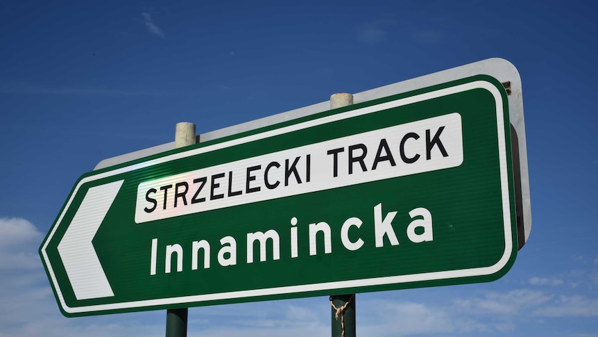 A green sign with the words 'Strzelecki Track' on it