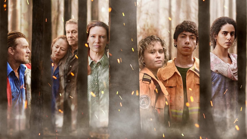 Composite image of seven characters from the show Fires, interspersed between burnt trees and flying cinders