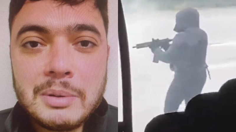 Composite of two photos. One is a portrait of Mohamed Amra. The second photo is of a gunman wearing a balaklava.