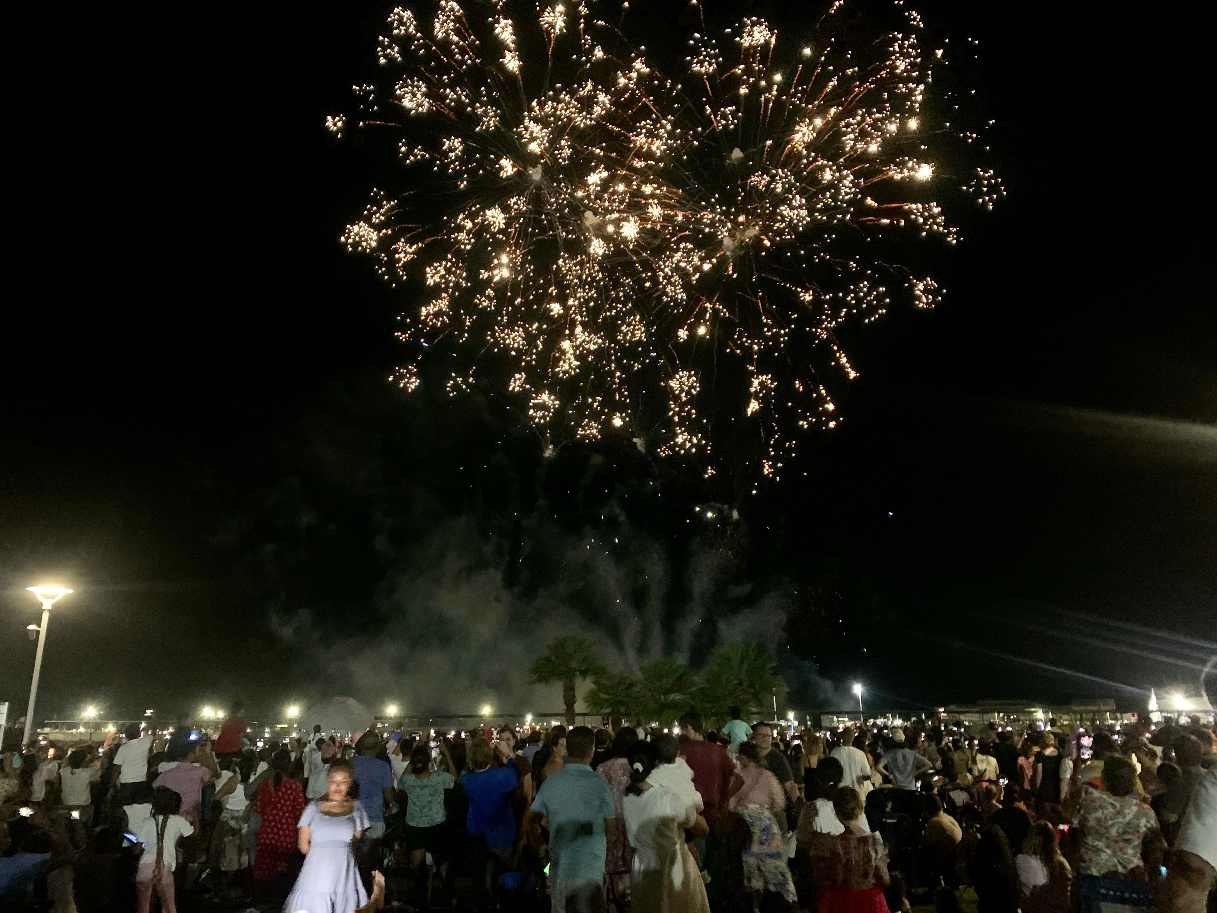Una toma larga de una multitud al aire libre mirando los fuegos artificiales en el cielo nocturno.