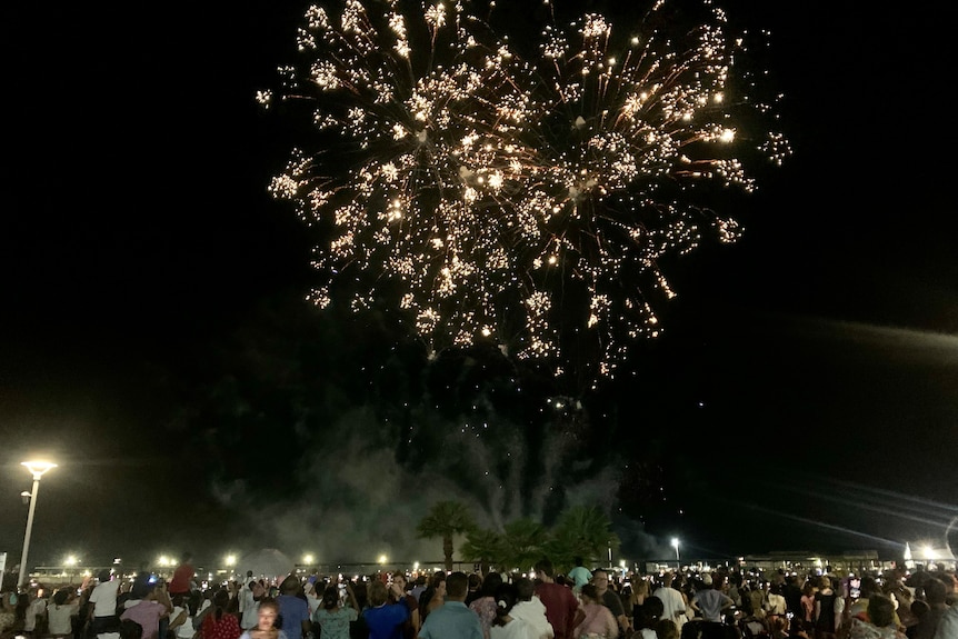 A wide shot of a crowd of people outdoors looking up at fireworks in the night sky.