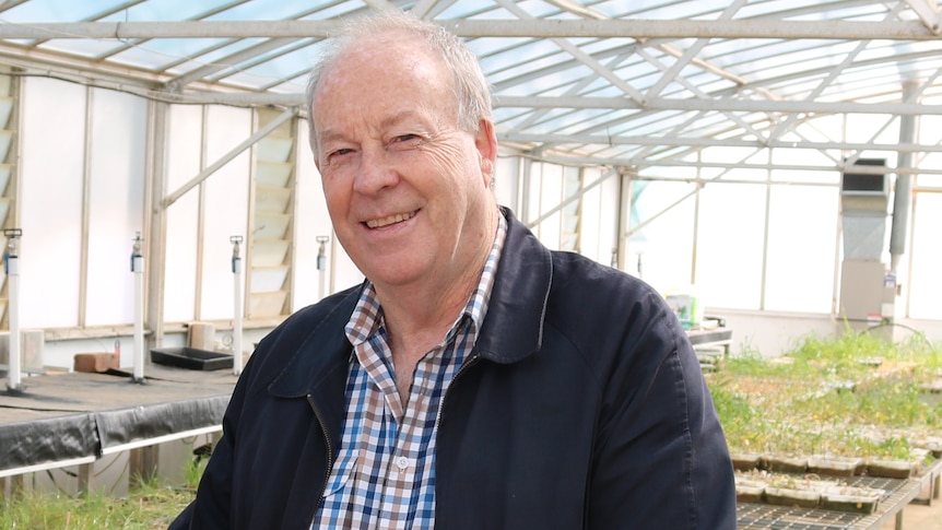 An older man with a checked shirt and dark jacket stands inside a glass house and smiles at the camera. 