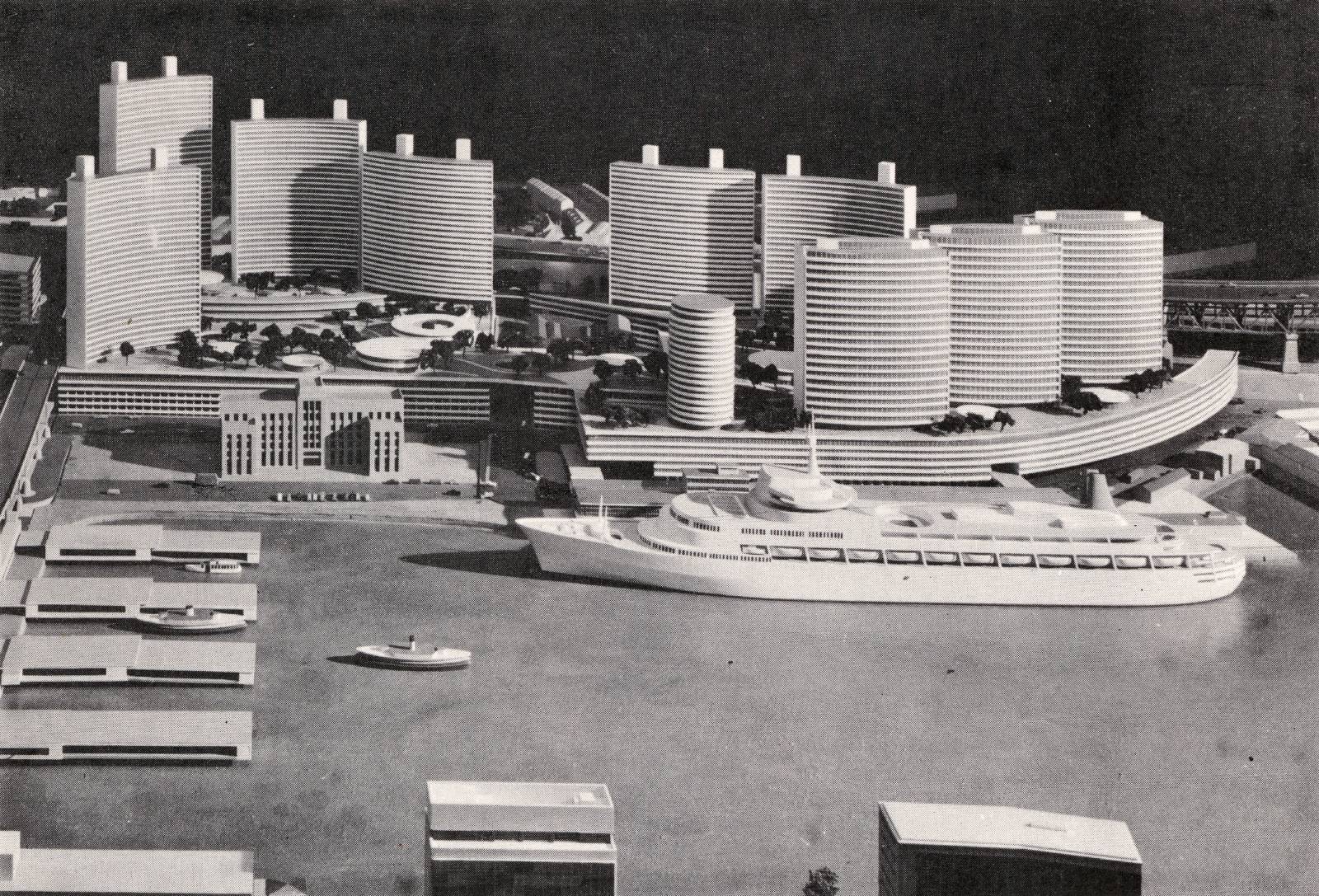 A black and white image showing nine big towers at The Rocks 