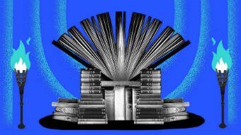 A throne made out of books surrounded by two fire torches with a blue background.