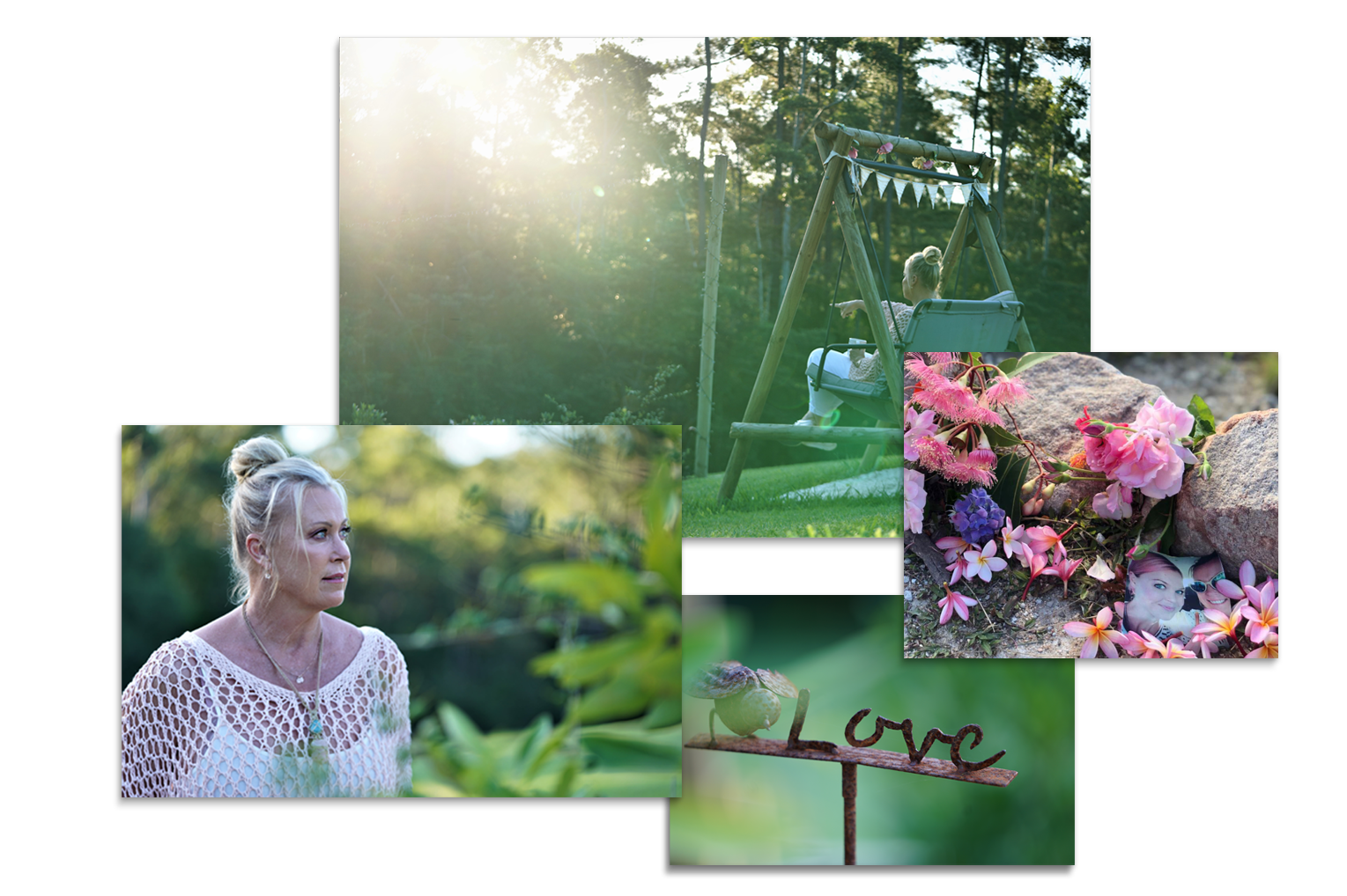 A montage of photgraphs of a lush green garden. One close up of a woman looking contemplative another she's on outdoor swing