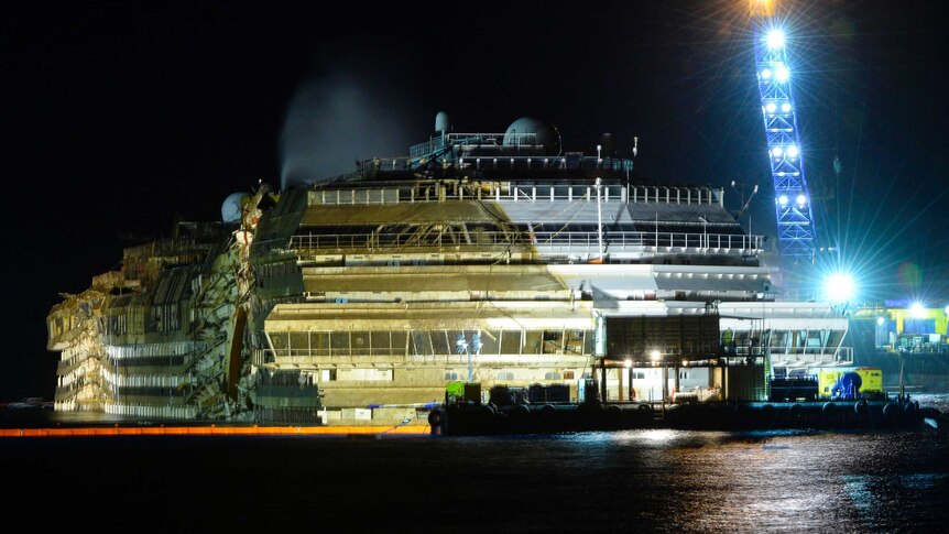 The wreck of the Costa Concordia cruise ship is righted.
