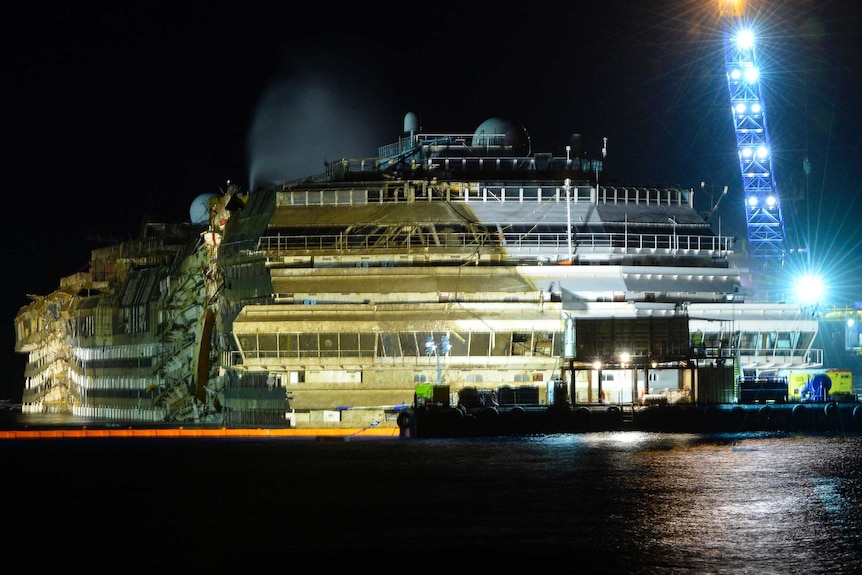 The wreck of the Costa Concordia cruise ship is righted.