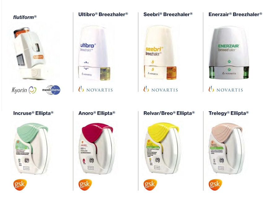 An image showing eight different types of inhaler: one flutiform, three Breezhaler, and four Ellipta branded.