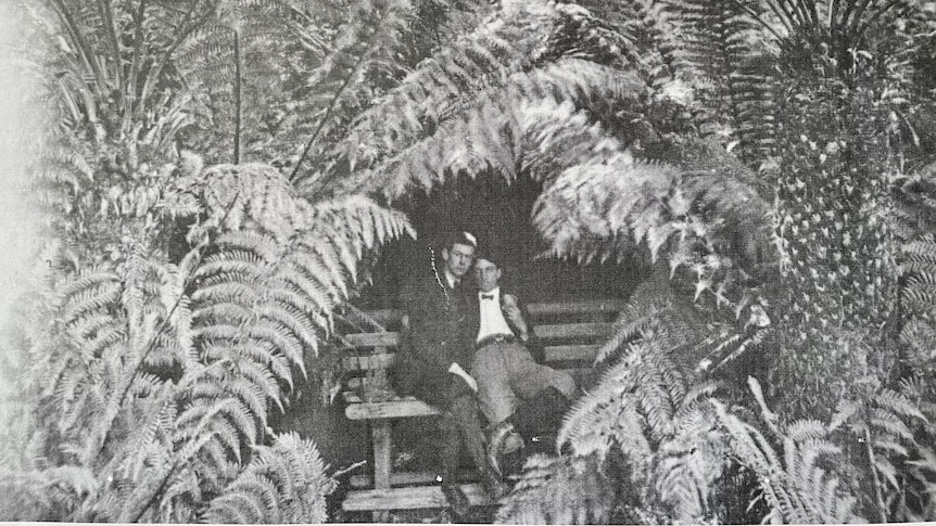 Black and white photo of two men amoung the ferns 