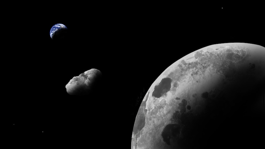 Illustration of asteroid between Earth and the Moon