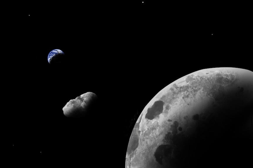 Illustration of asteroid between Earth and the Moon