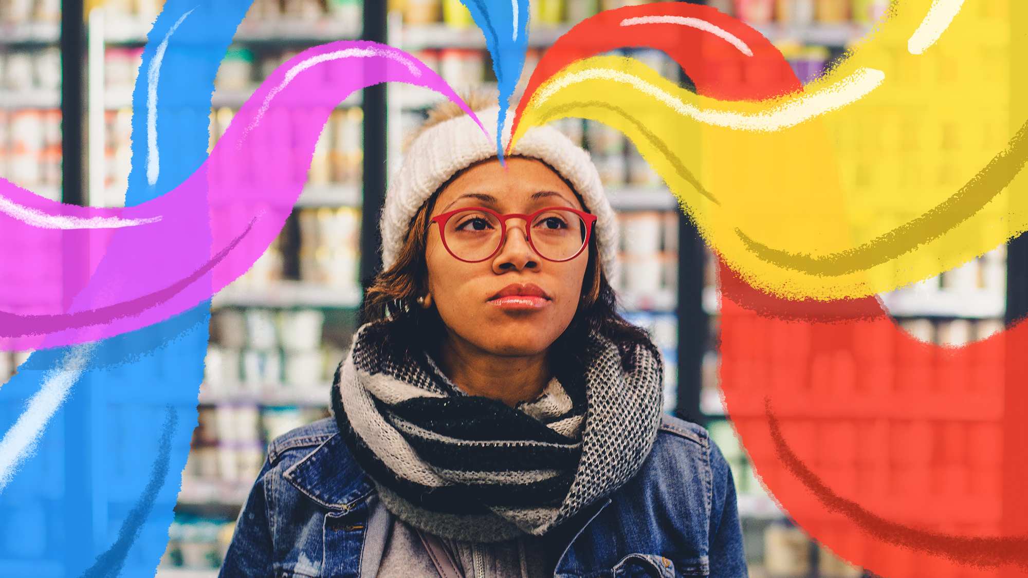 Person at the supermarket with colourful brushstrokes streaming from her head to depict how to be more creative.