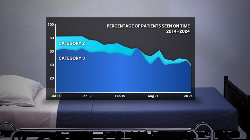 Graphic showing percentage of Tasmanian patients seen on time over decade time frame.