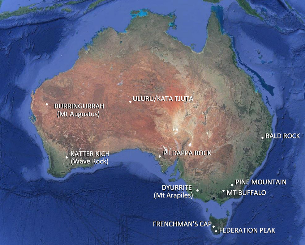 Map of Australia with labels of large rocks