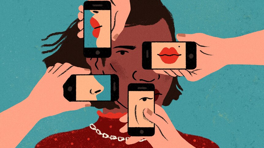 Illustration of person with brown skin. White hands holding smart phones with images of lips or noses are held over the face.