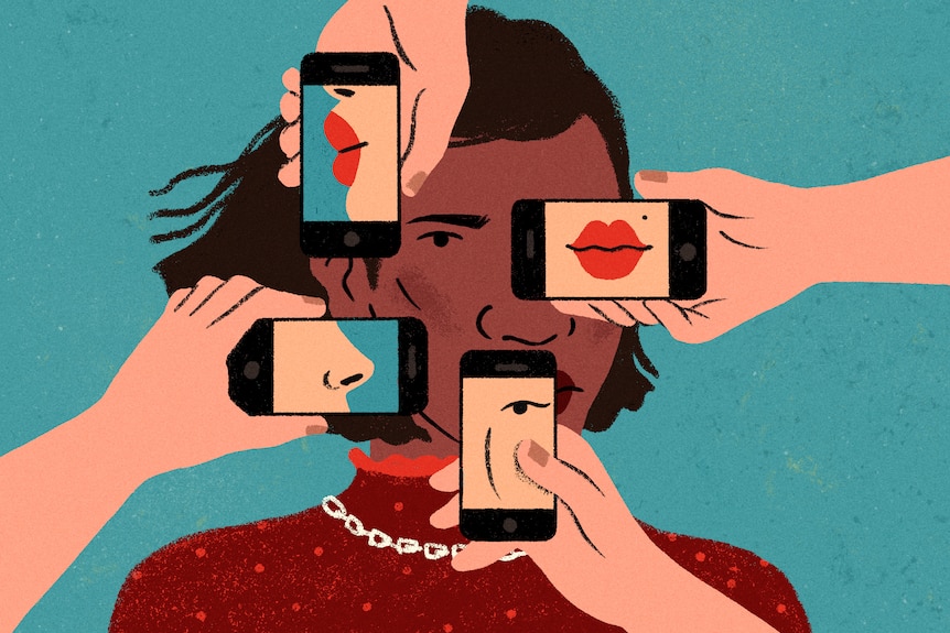 Illustration of person with brown skin. White hands holding smart phones with images of lips or noses are held over the face.